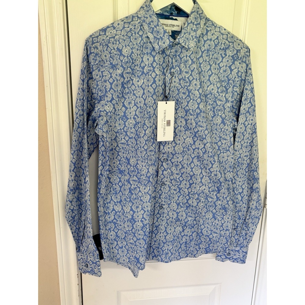 NWT Thomas Sterling Men's S 100% Cotton Dress Shirt Blue Tribal Long Sleeve